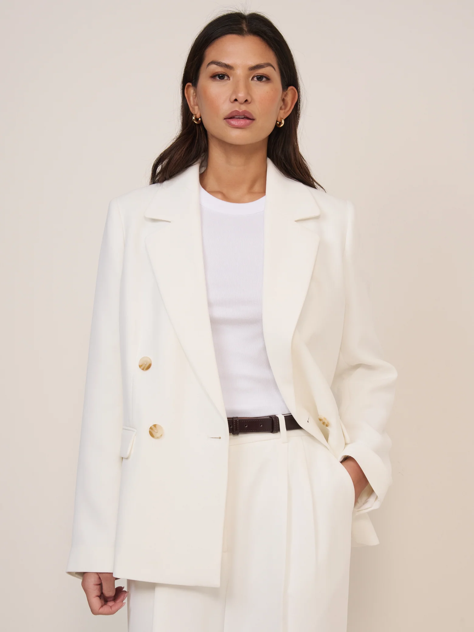 White Double Breasted Alicia Crepe Blazer