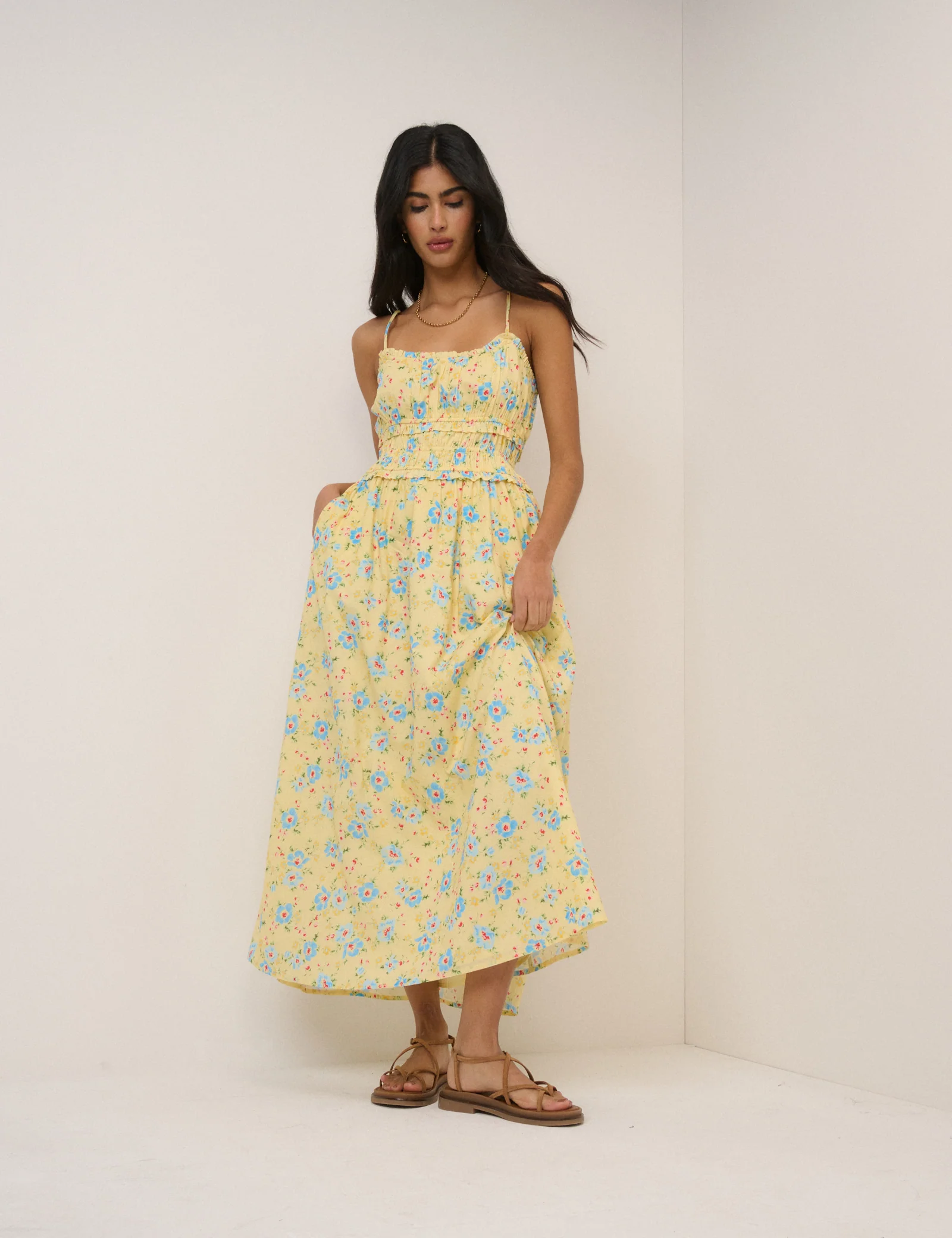 Butter Yellow Floral Shirred Waist Alina Midi Dress - Image 2