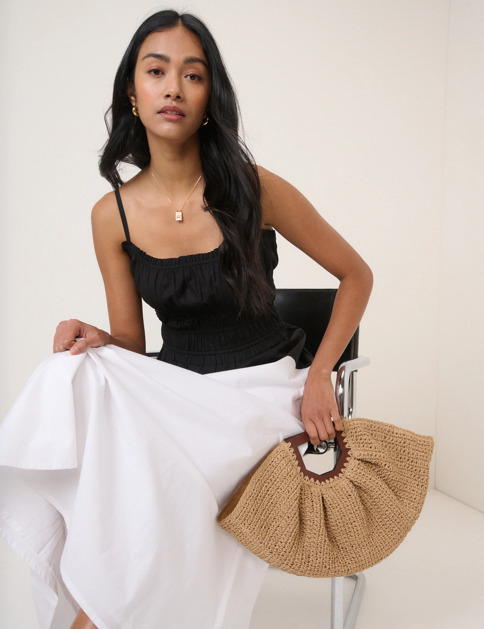 Black And White Shirred Waist Alina Midi Dress - Image 2