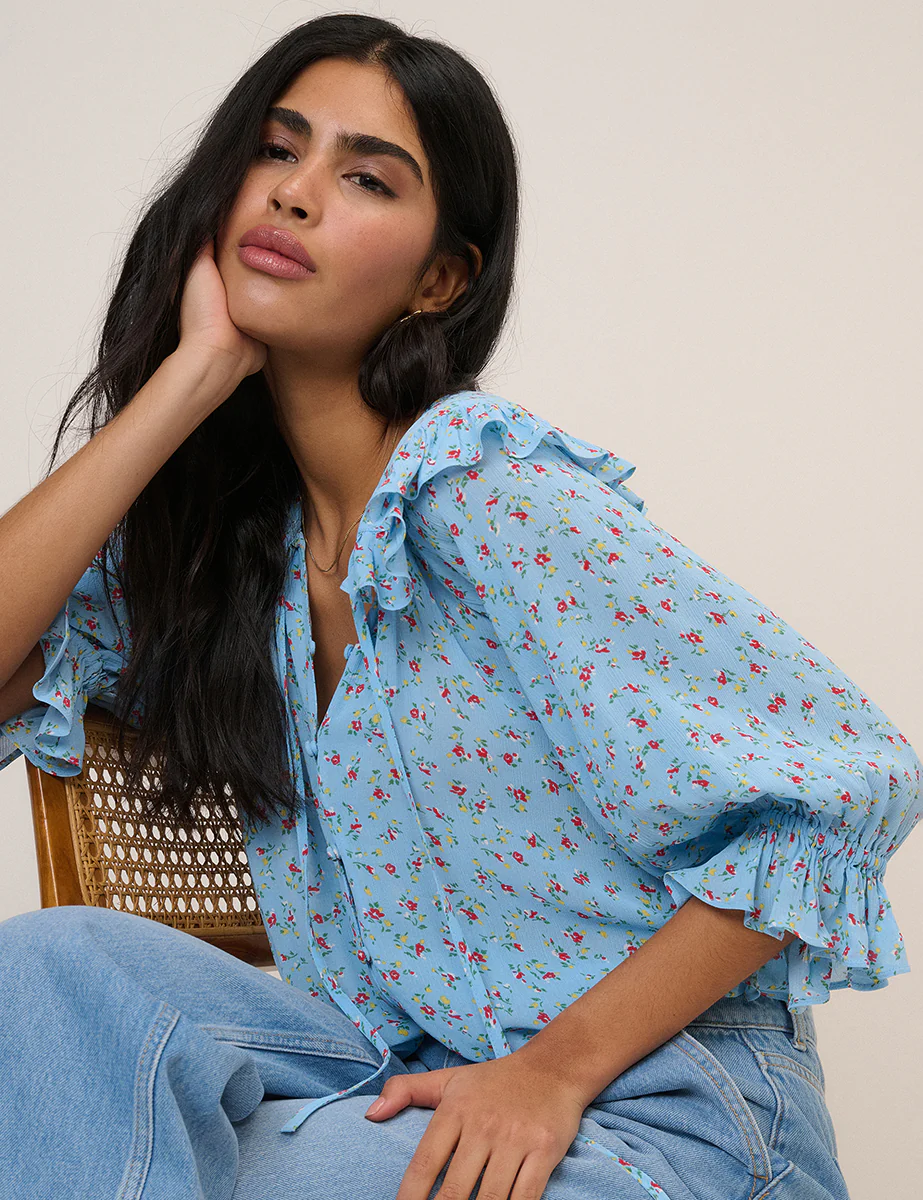 Blue Floral Frill Blouse - Image 4