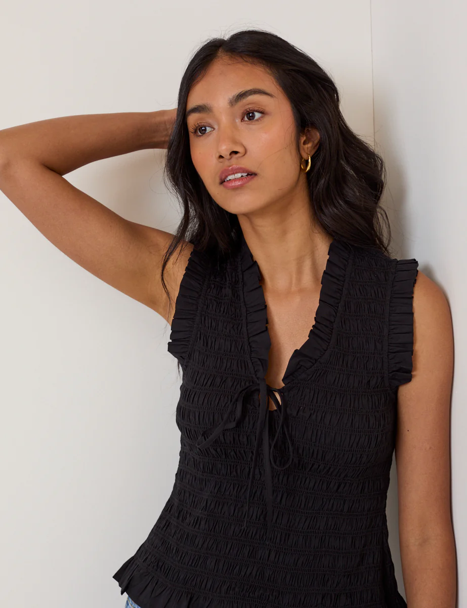 Black Shirred V-Neck Top - Image 2