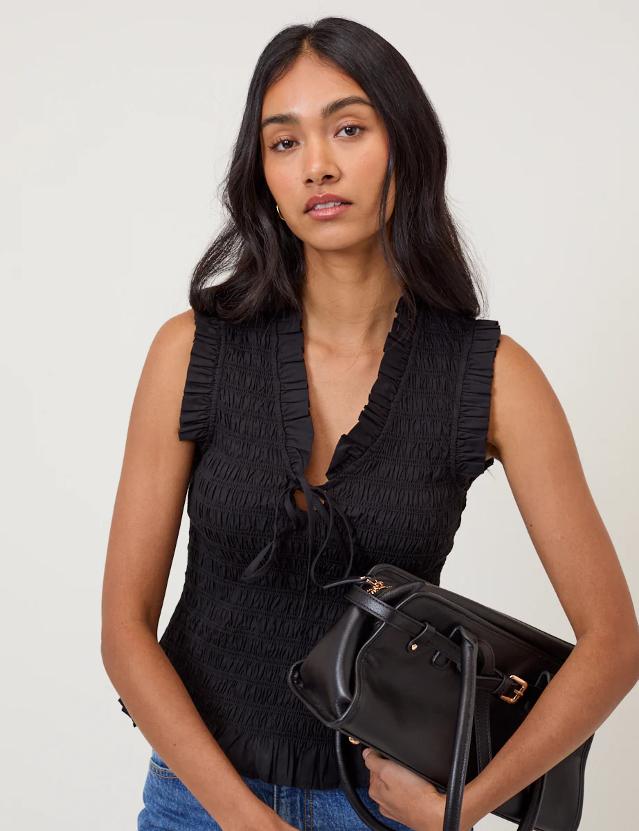 Black Shirred V-Neck Top - Image 3