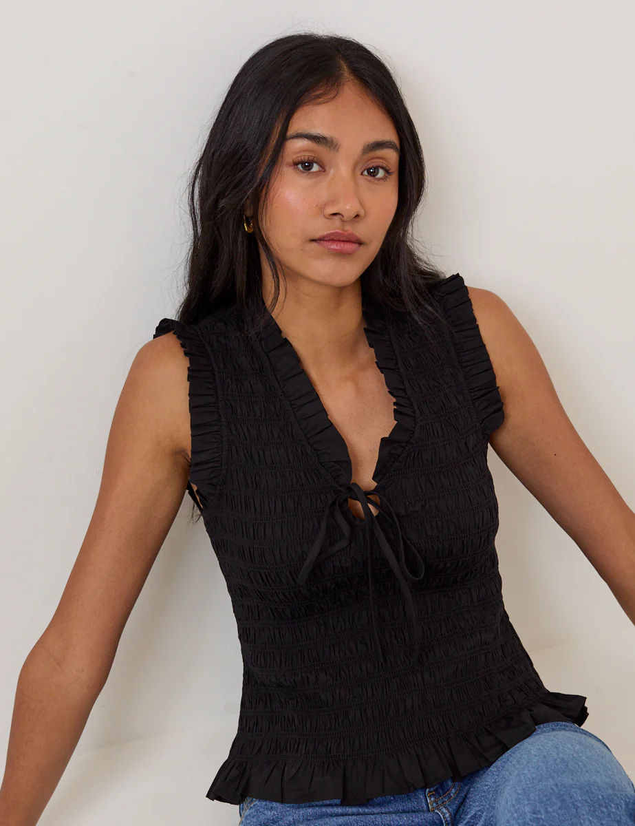 Black Shirred V-Neck Top - Image 4