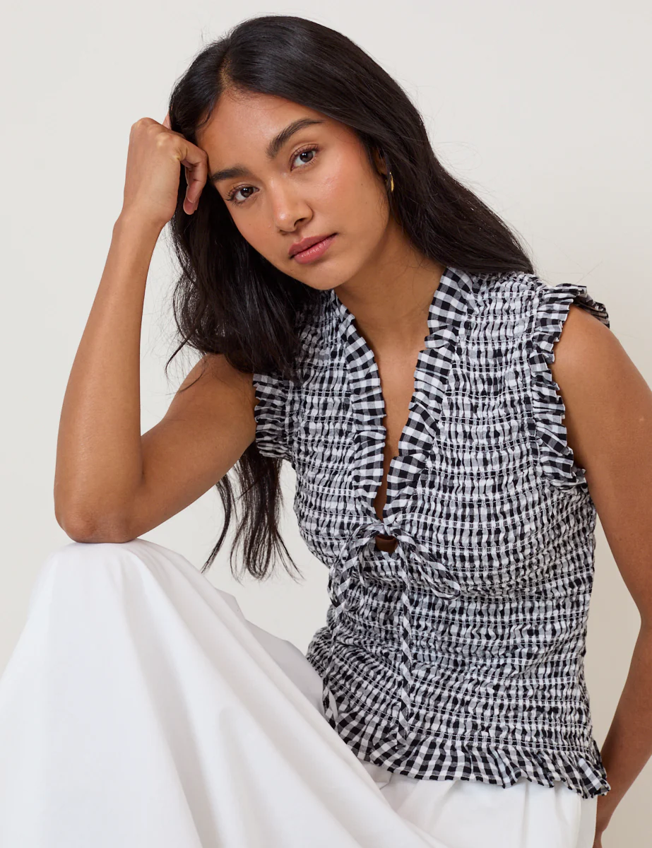 Black Gingham Shirred V-Neck Top - Image 3