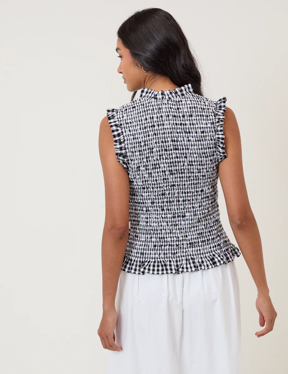 Black Gingham Shirred V-Neck Top - Image 5