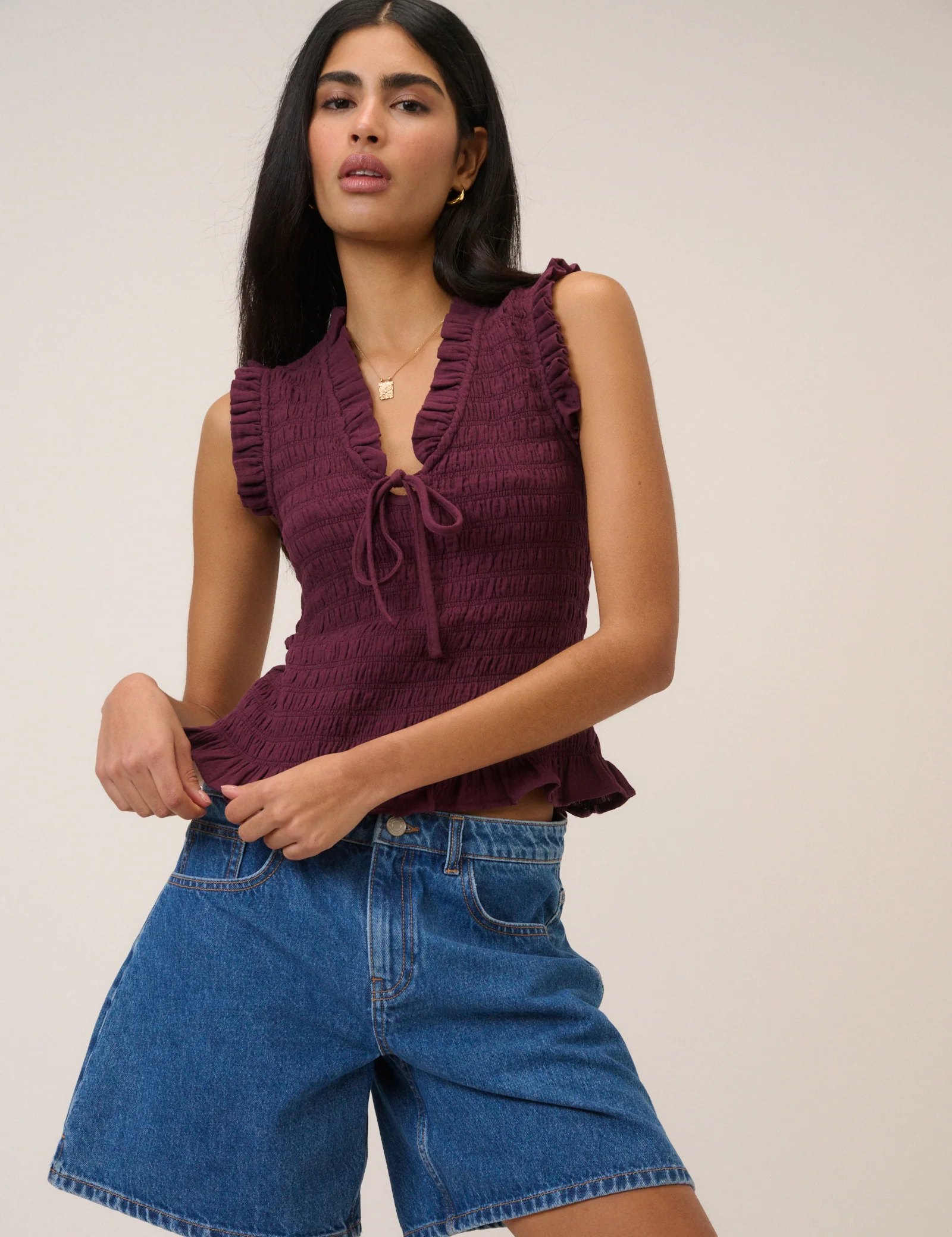 Purple Shirred V-Neck Top - Image 2