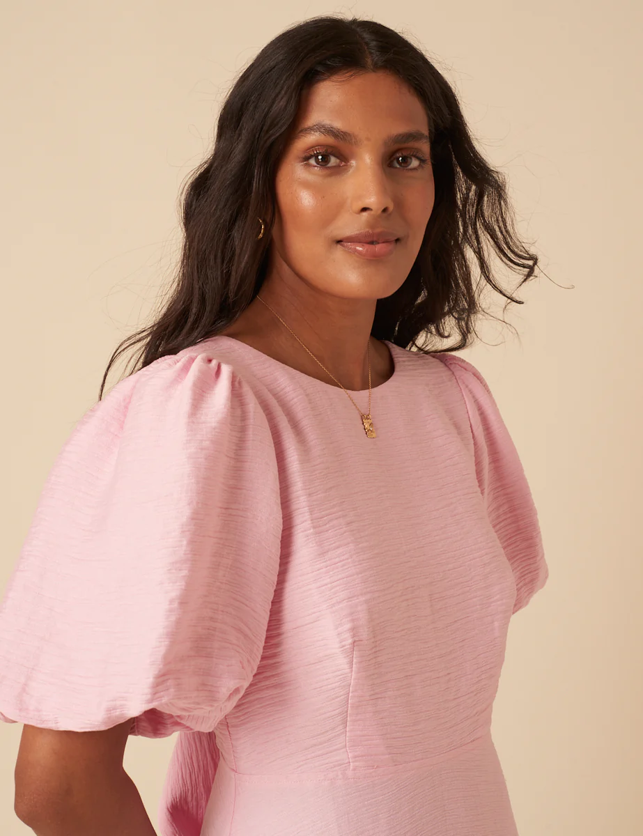 Baby Pink Puff Sleeve Zola Midi Dress - Image 4