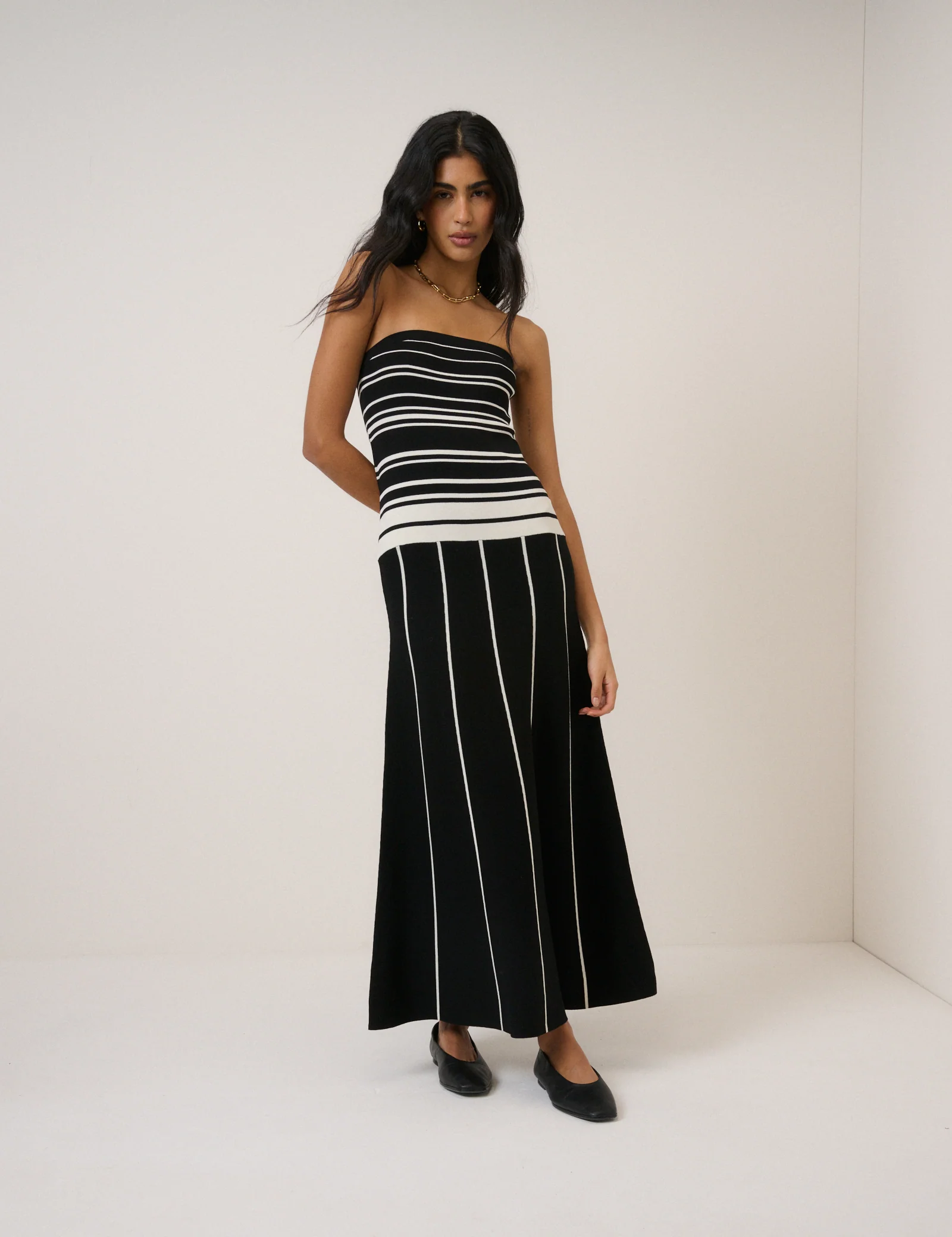 Black Striped Knitted Bandeau Midi Dress - Image 3