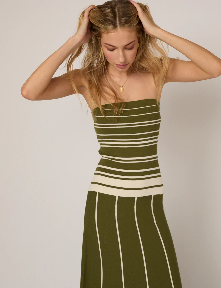 Green Striped Bandeau Knitted Midi Dress - Image 3