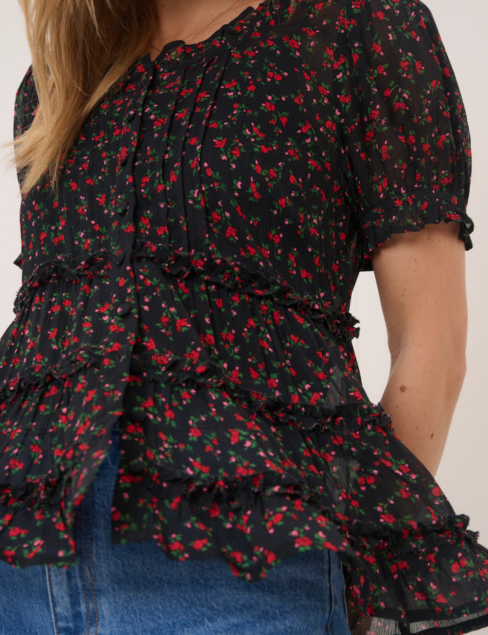 Black Floral Scoop Neck Top - Image 2