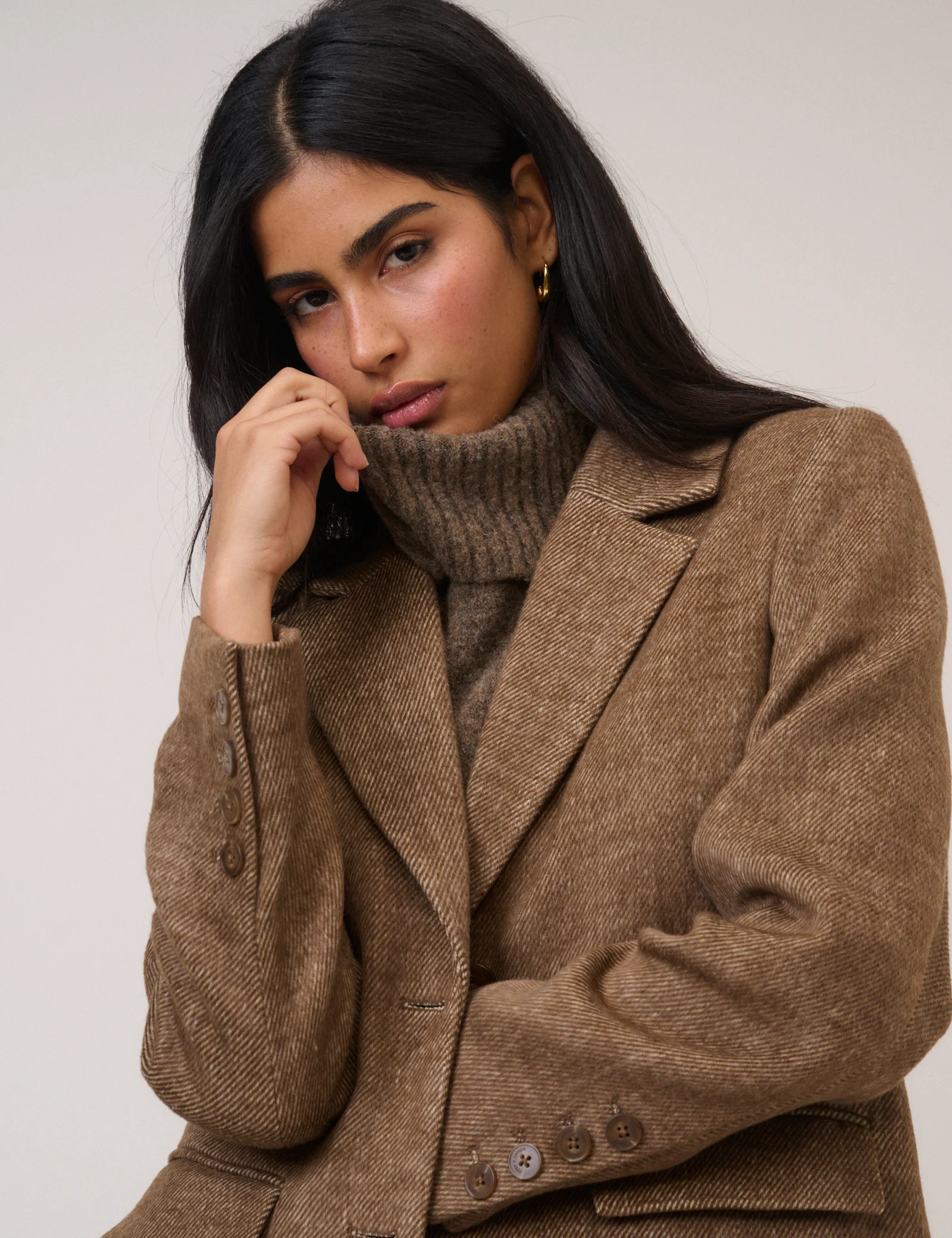 Brown Single Breasted Herringbone Coat - Image 3