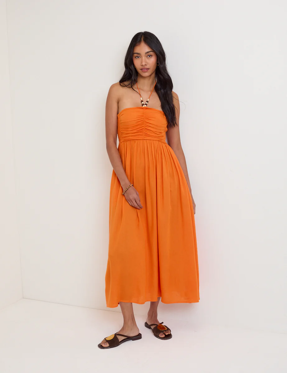 Orange Linen-Blend Halterneck Midi Dress - Image 4