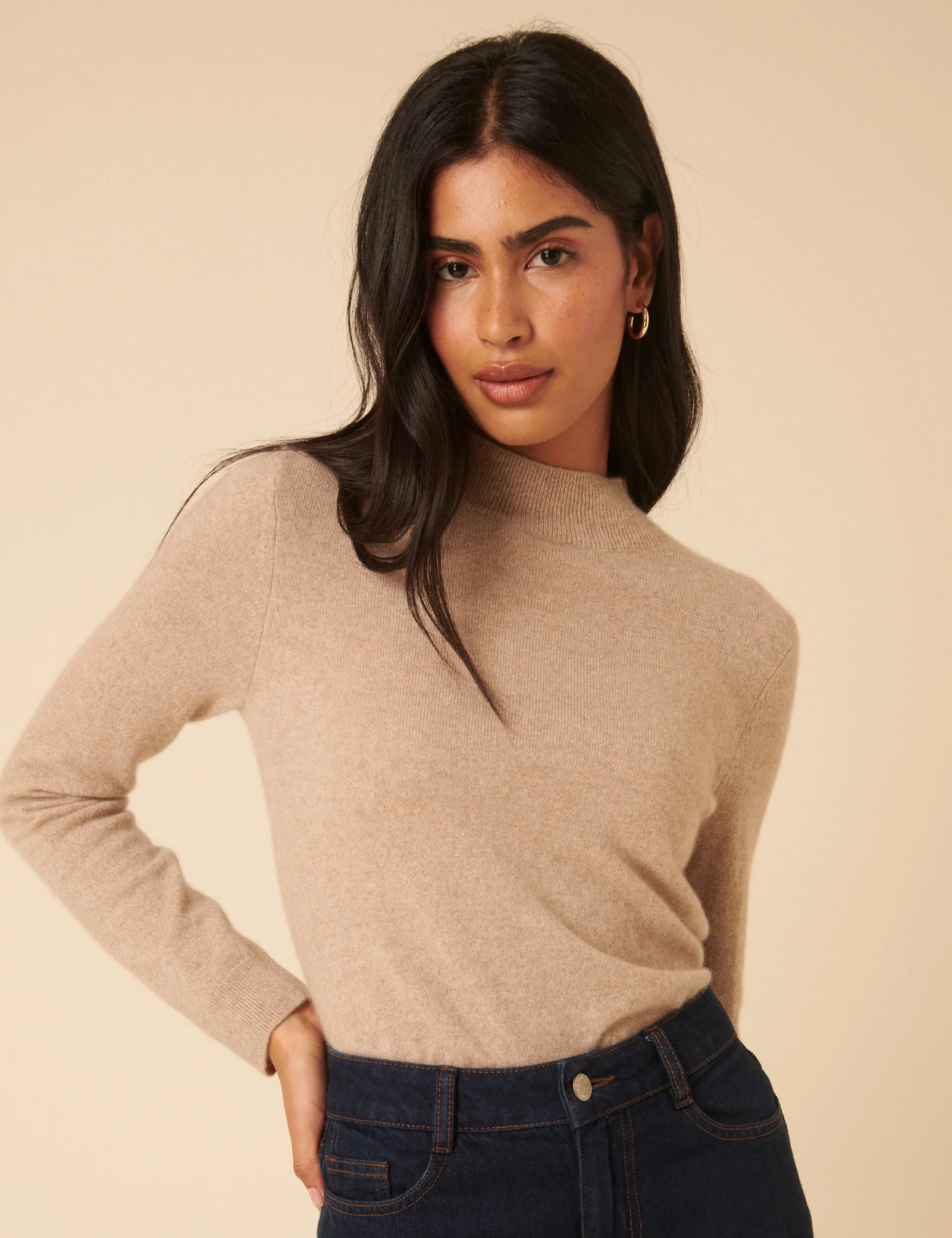 Beige Cashmere Funnel Neck Jumper - Image 3