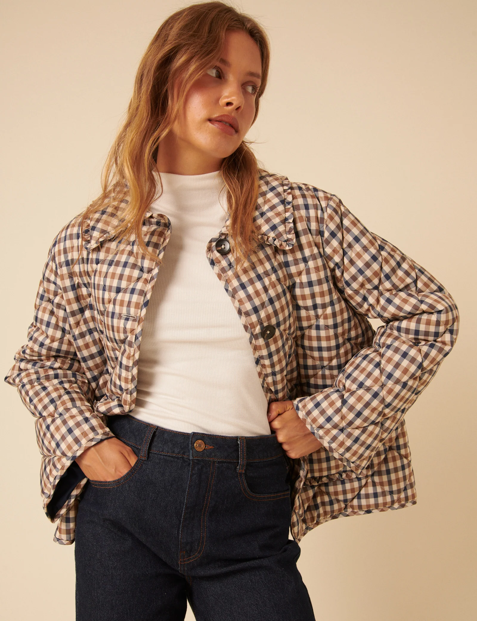 Beige Check Frill Quilted Jacket - Image 2