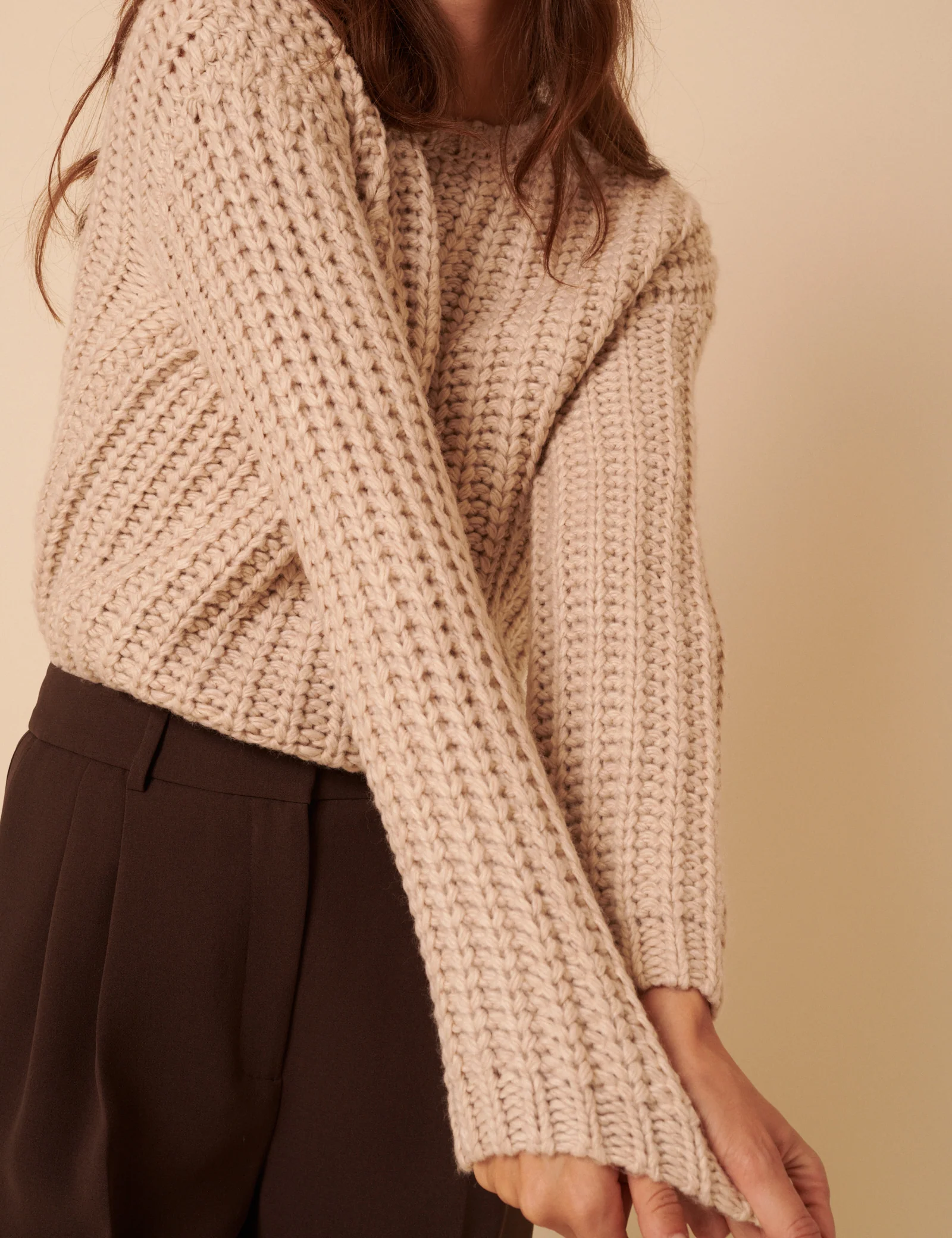 Beige Chunky Crew Neck Jumper - Image 2