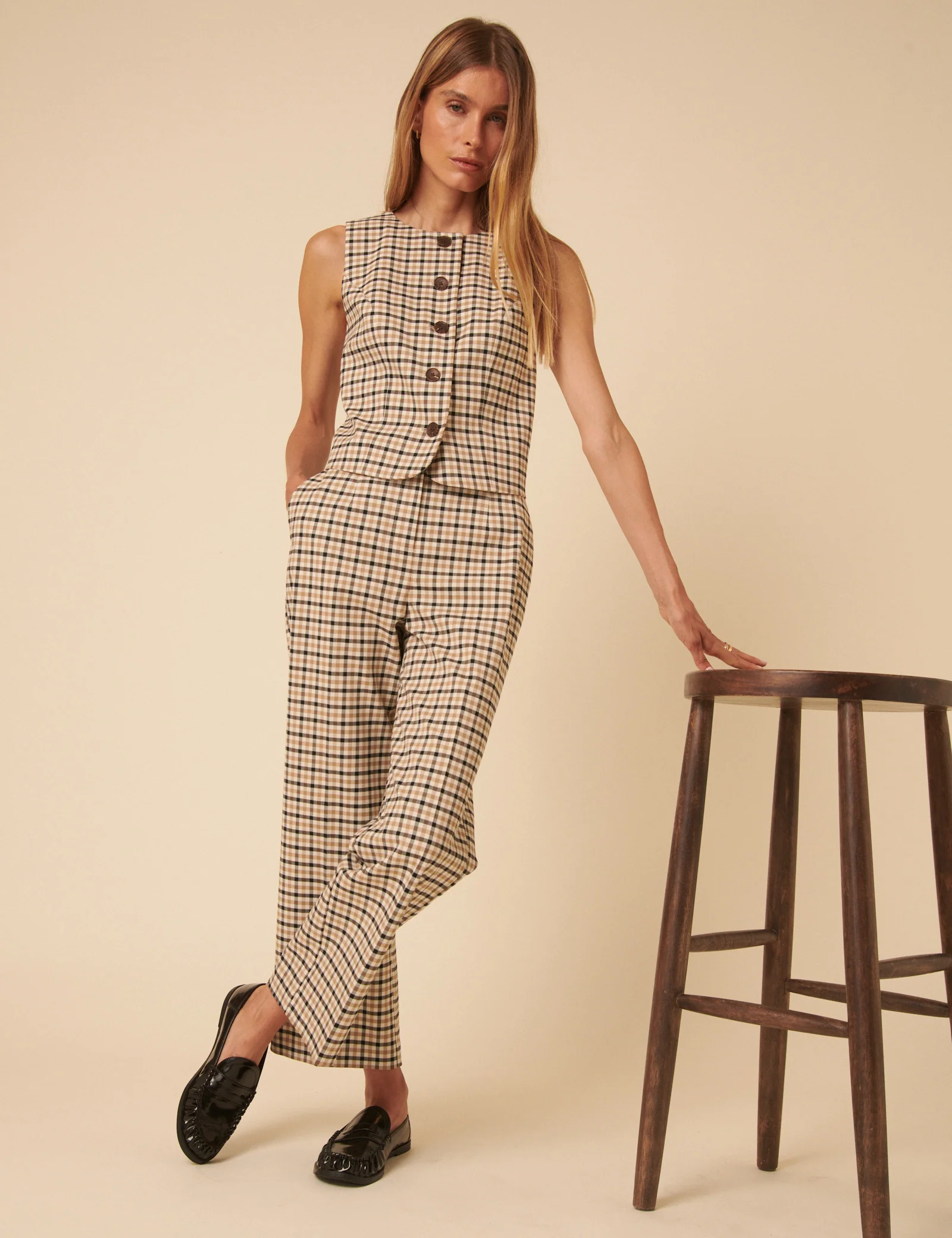 Beige Gingham Check Tailored Cropped Trousers - Image 5
