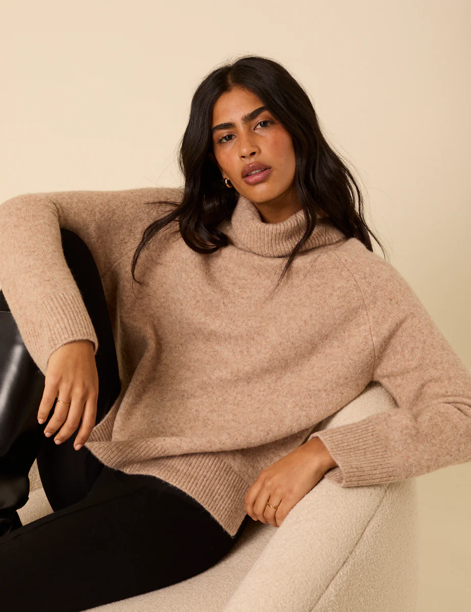 Beige Roll Neck Relaxed Knitted Jumper - Image 4