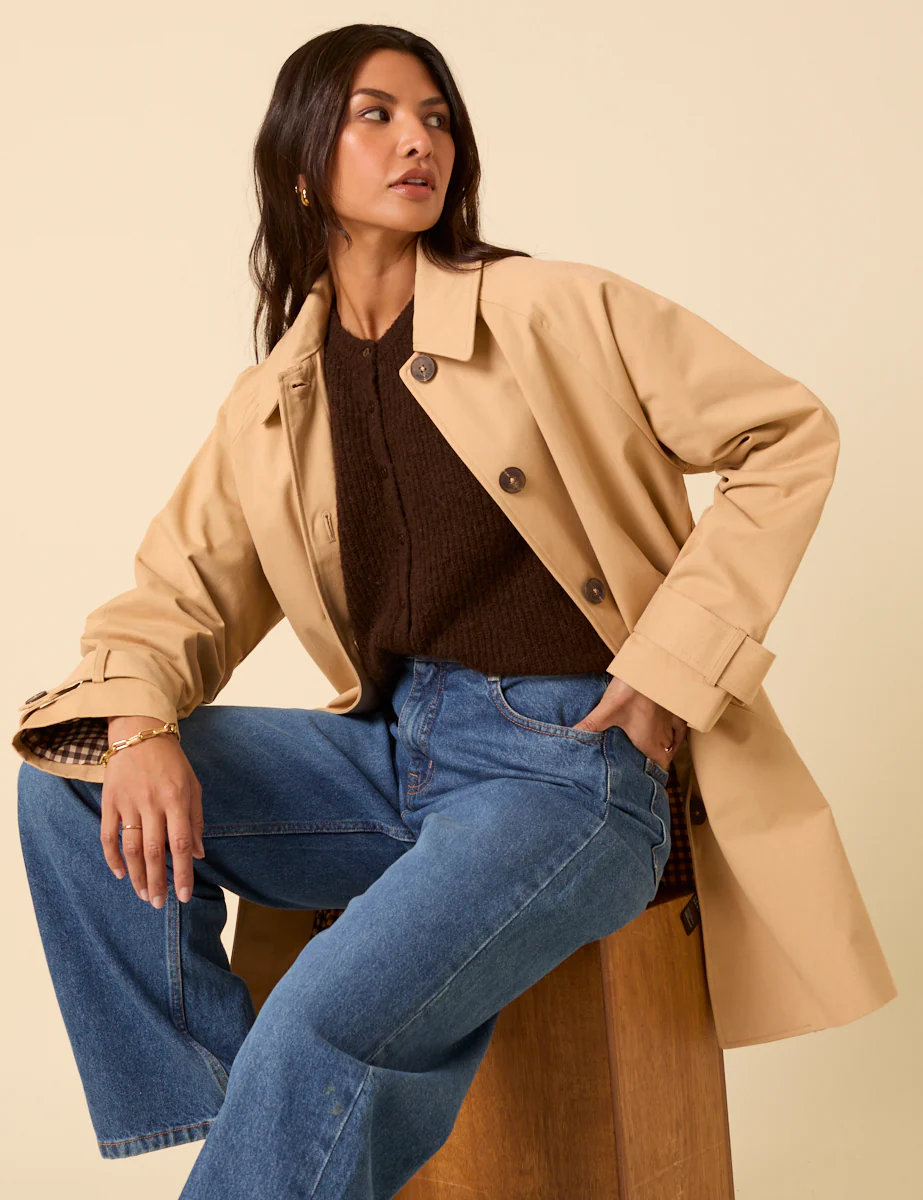 Camel Single Breasted Cropped Trench Coat - Image 5
