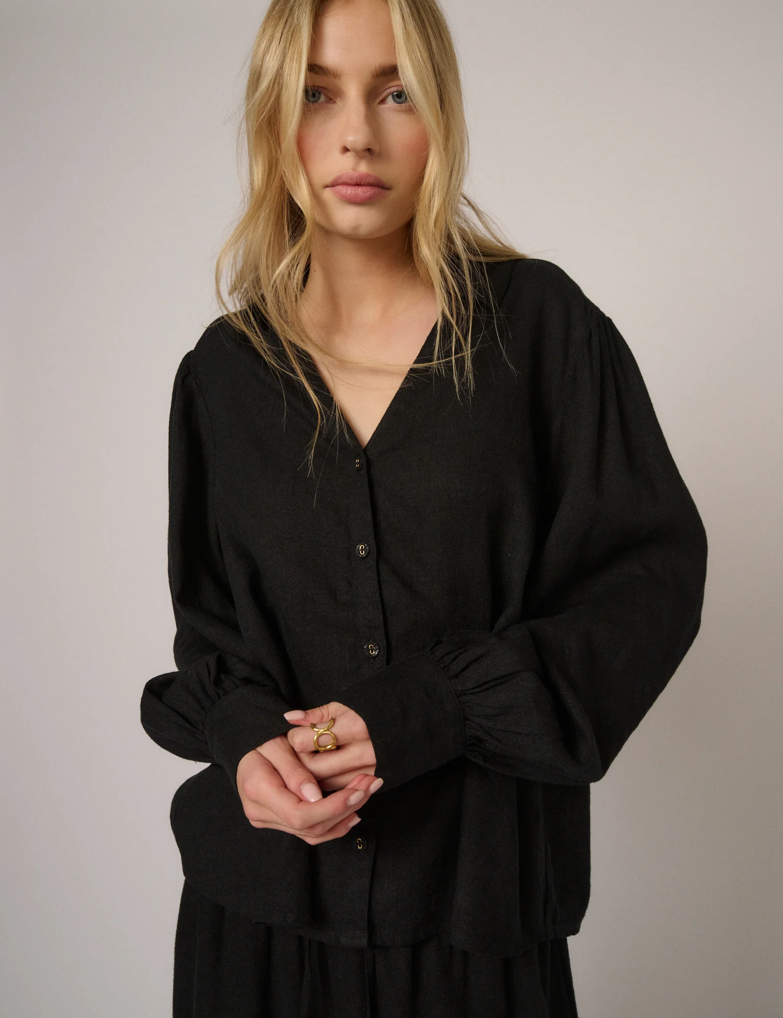 Black Linen-Blend Blouse