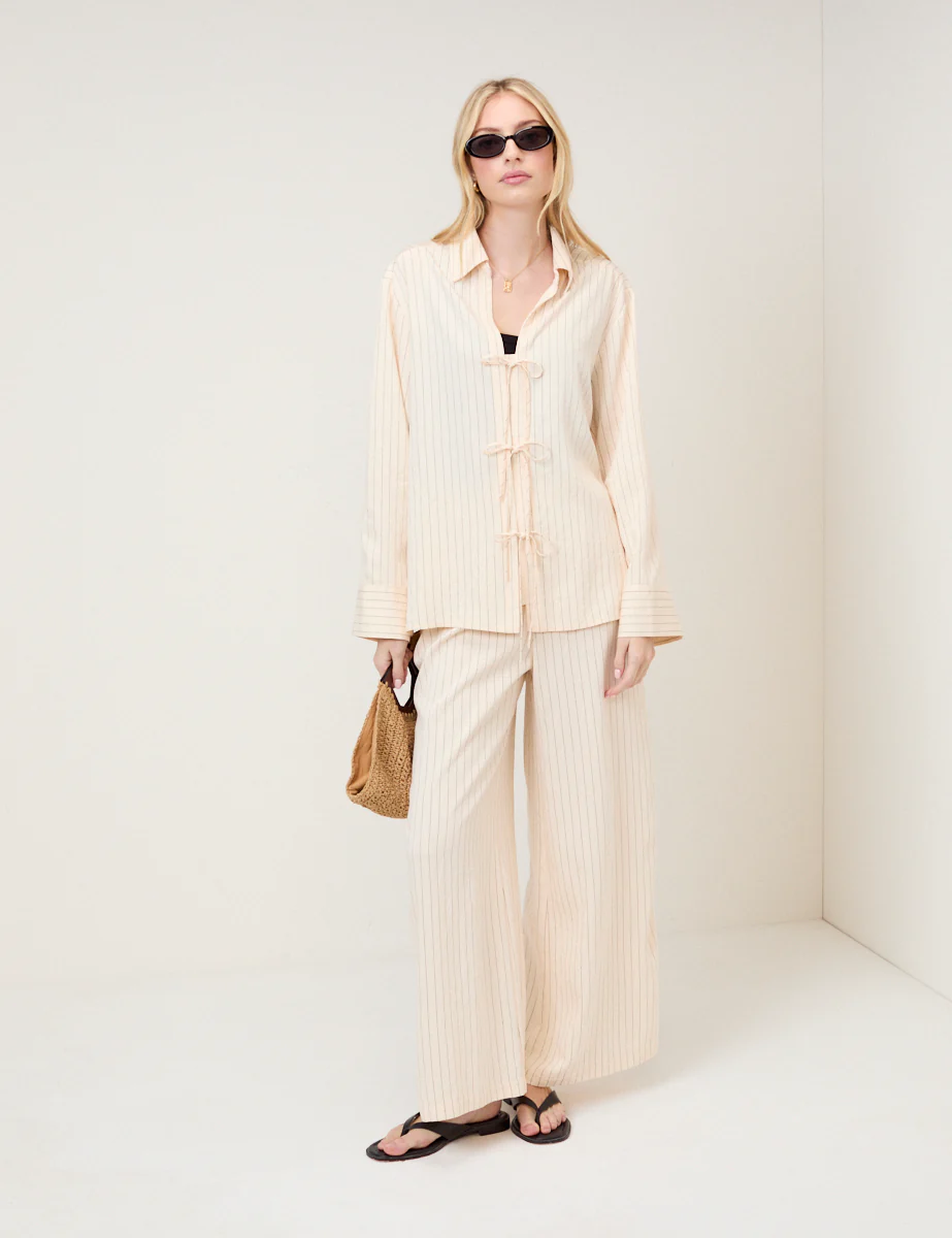Cream Pinstripe Tie Front Shirt - Image 3