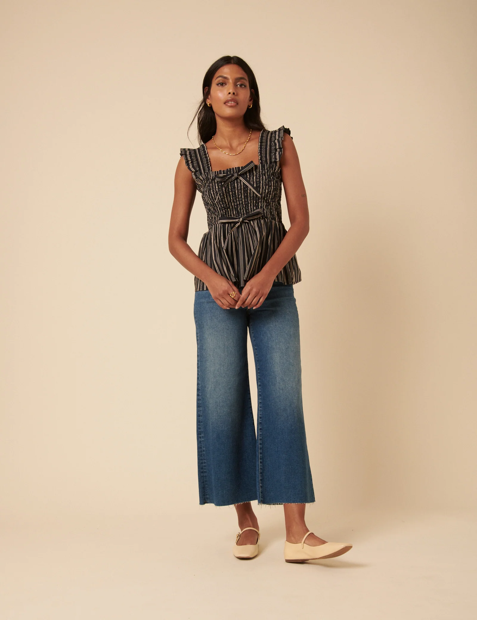 Black And White Pinstripe Shirred Top - Image 3