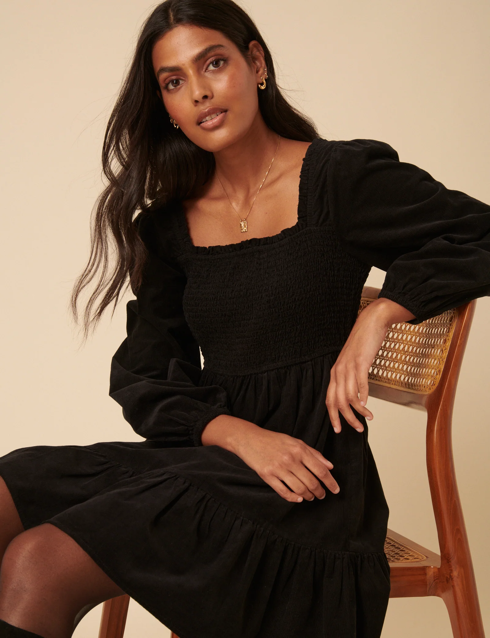 Black Balloon Sleeve Cord Tiered Elsa Mini Dress - Image 2