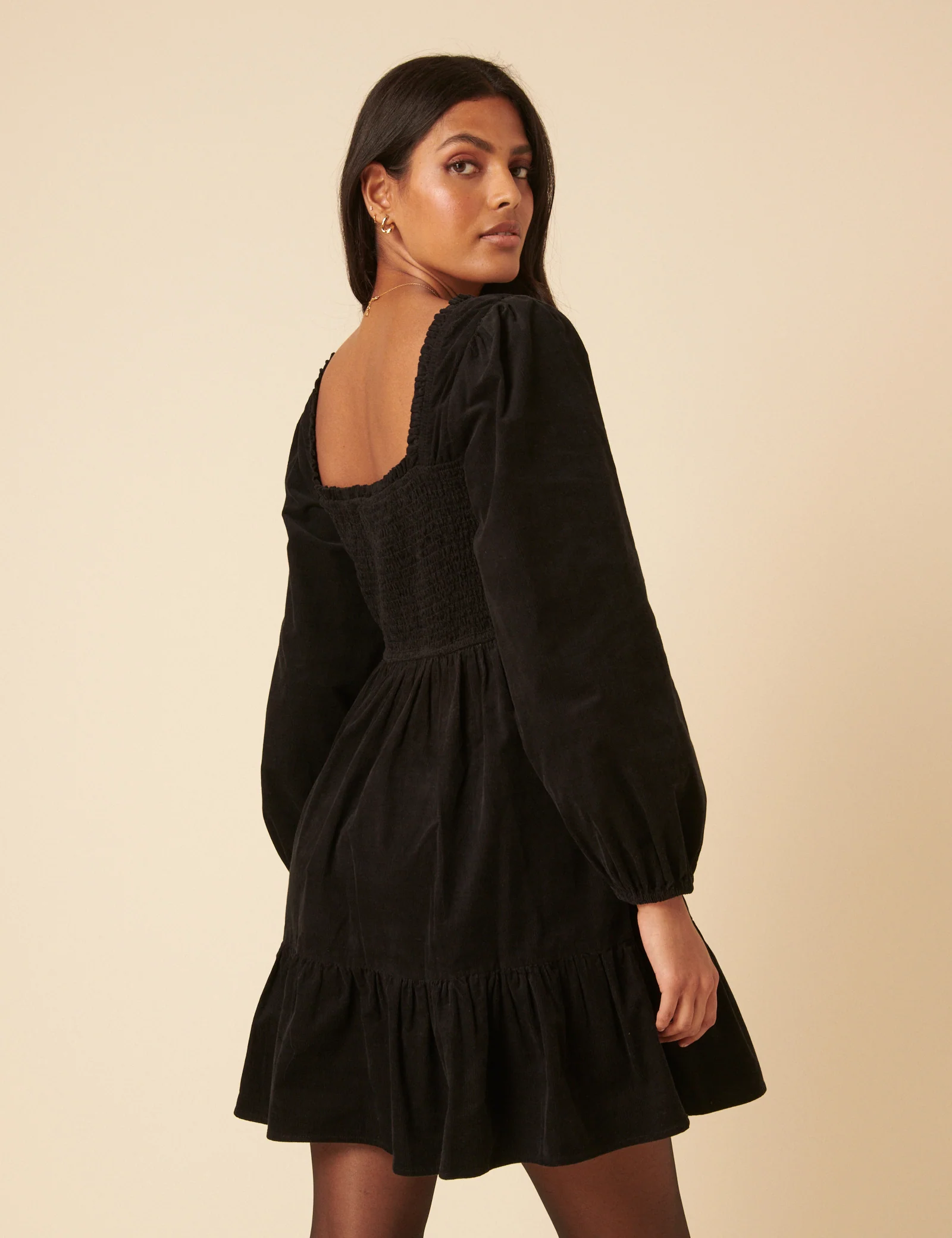 Black Balloon Sleeve Cord Tiered Elsa Mini Dress - Image 5
