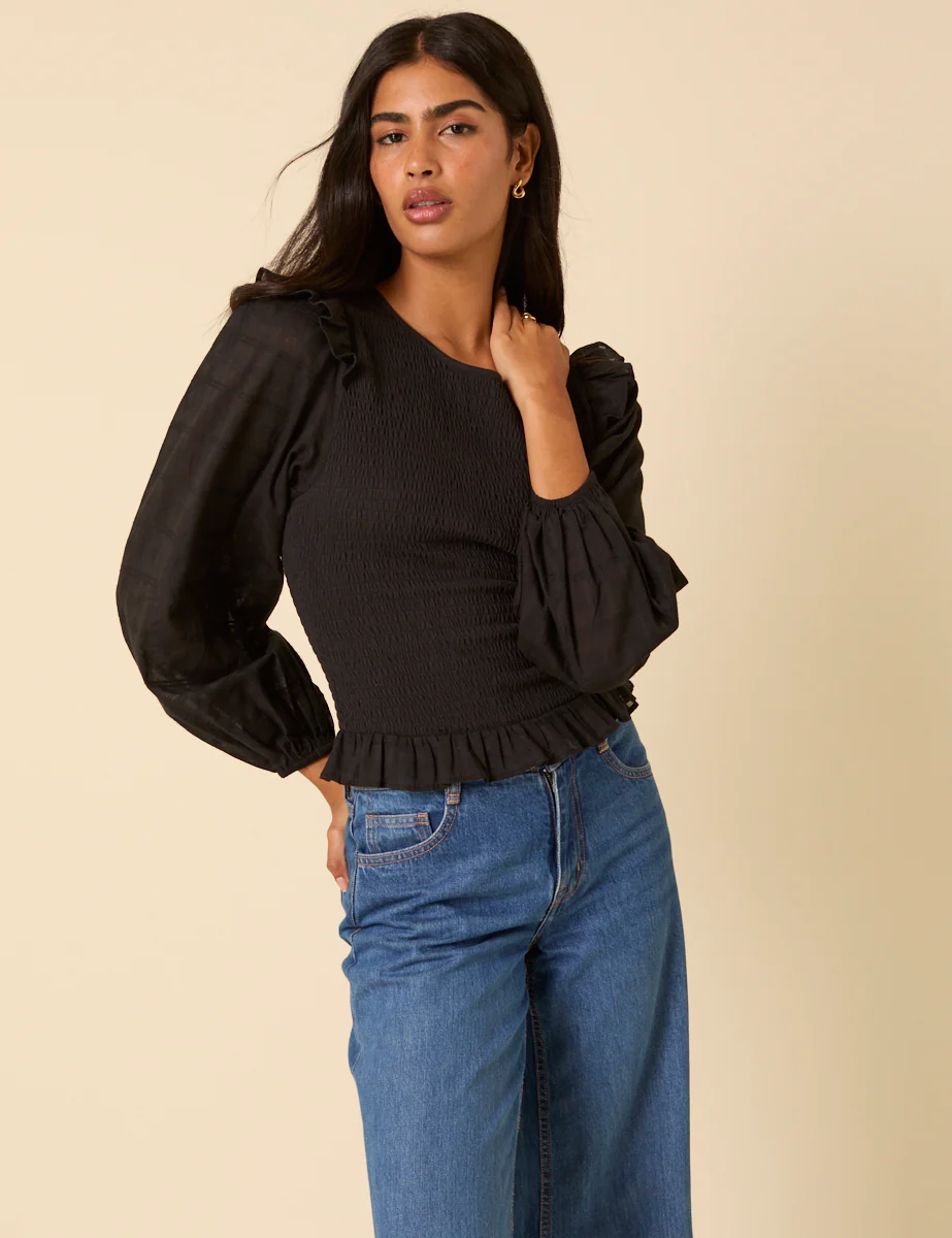 Black Balloon Sleeve Frill Top - Image 2