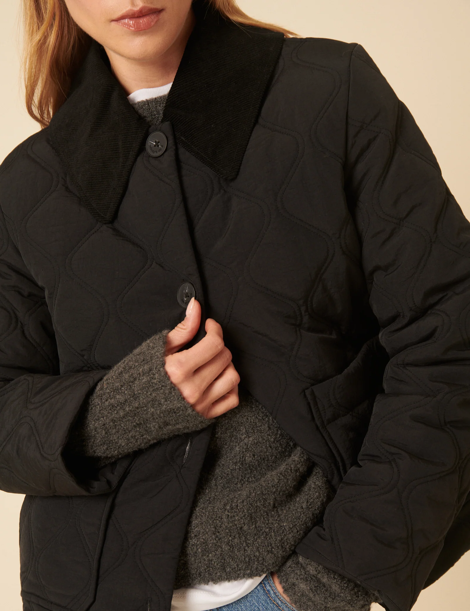 Black Collared Quilted Jacket - Image 2