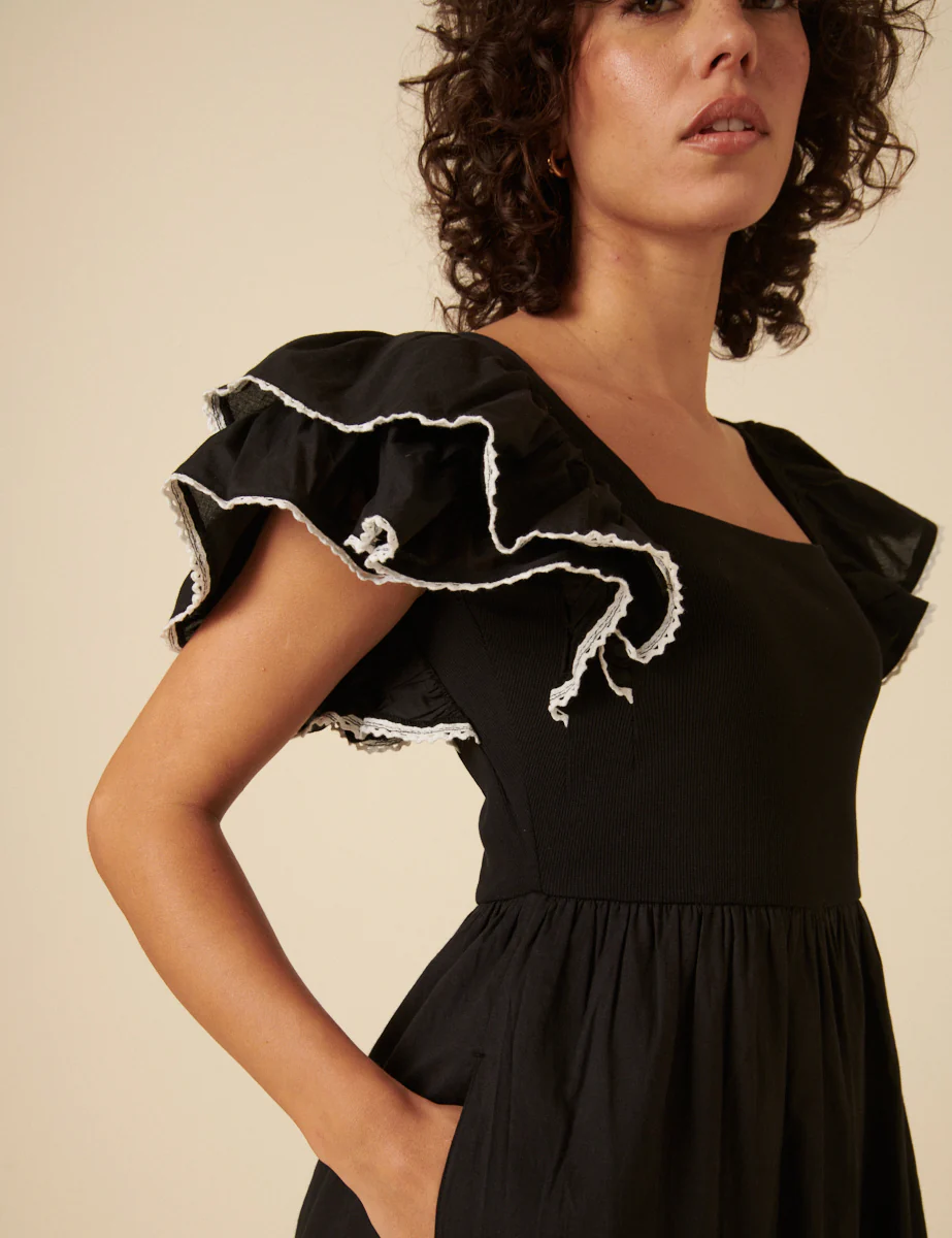 Black Contrast Trim Frill Shoulder Midi Dress - Image 2