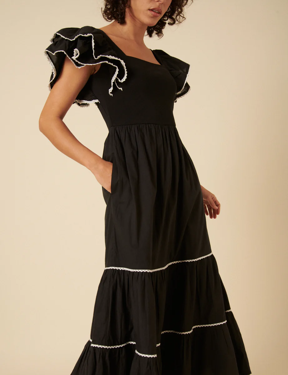 Black Contrast Trim Frill Shoulder Midi Dress - Image 3