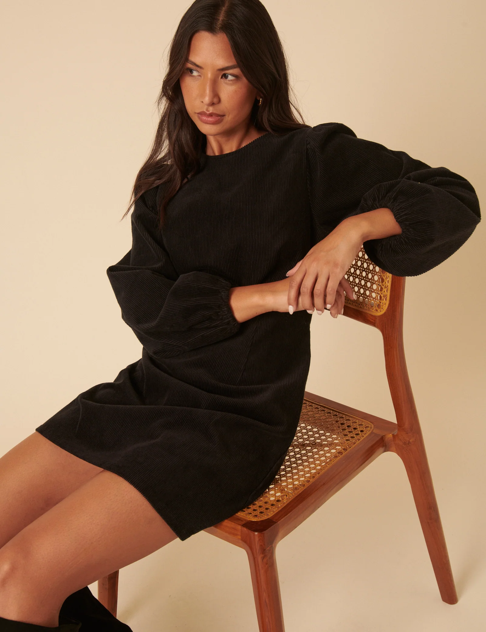 Black Cord Balloon Sleeve Peggy Mini Dress - Image 2