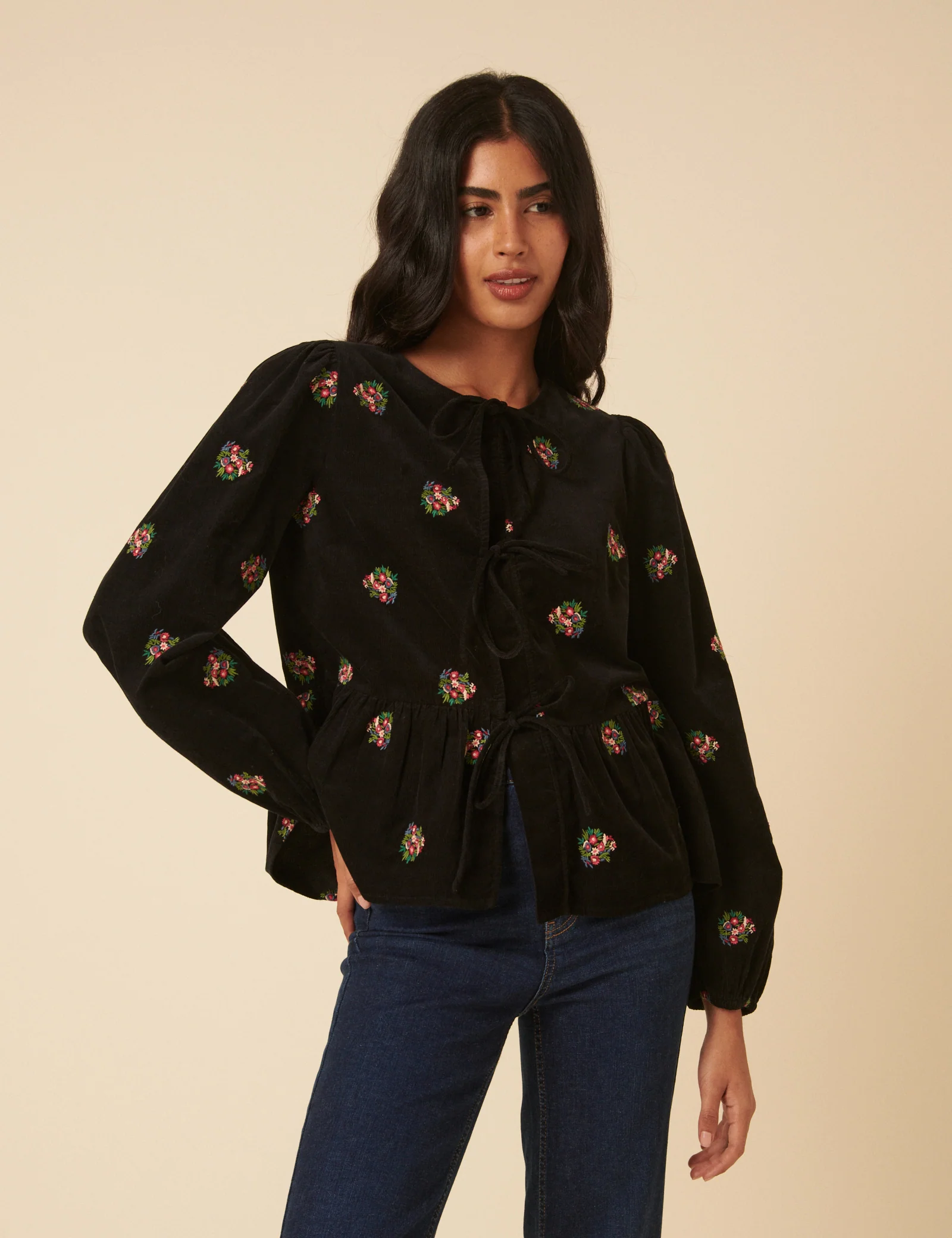 Black Cord Floral Embroidered Tie Front Blouse - Image 3