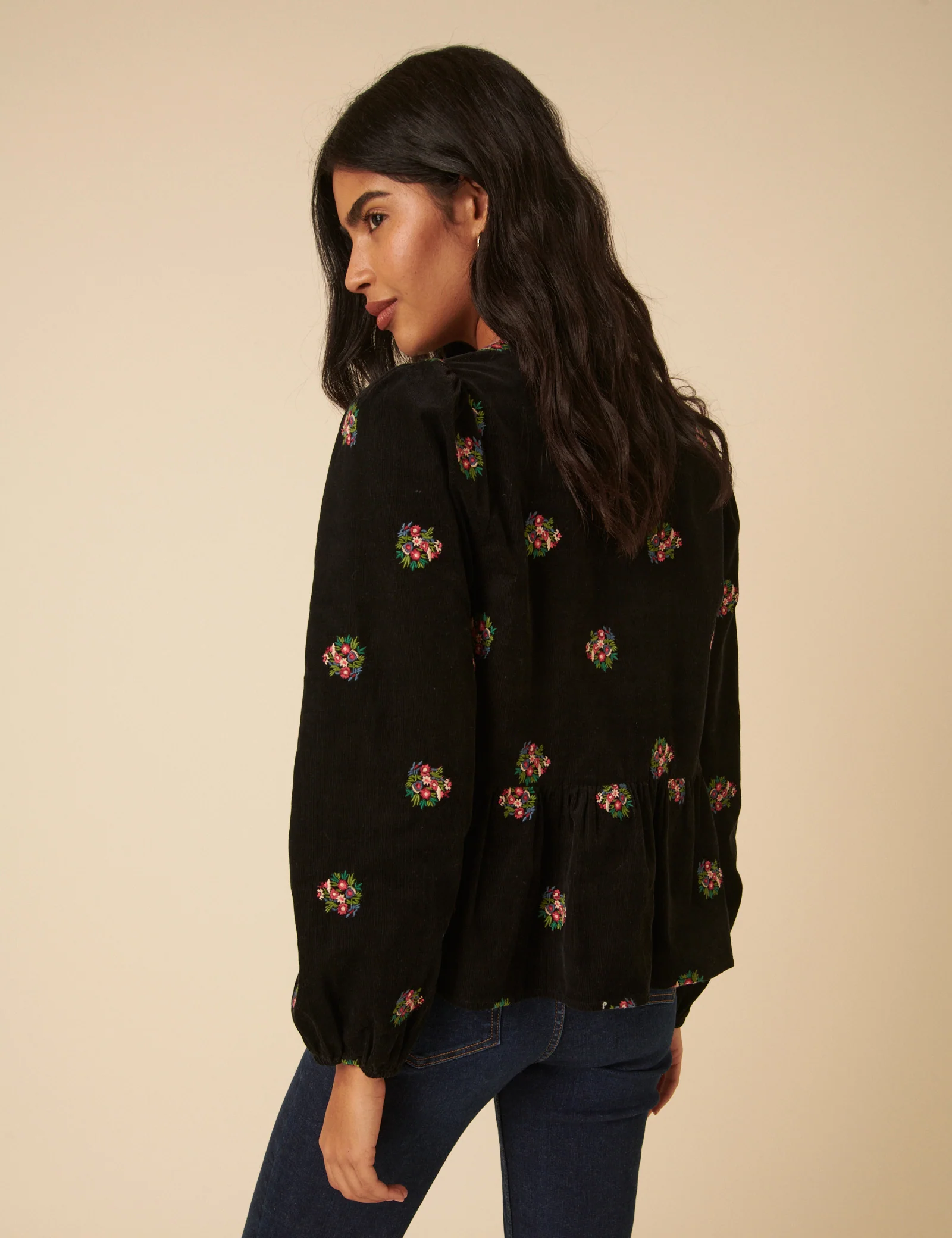 Black Cord Floral Embroidered Tie Front Blouse - Image 5