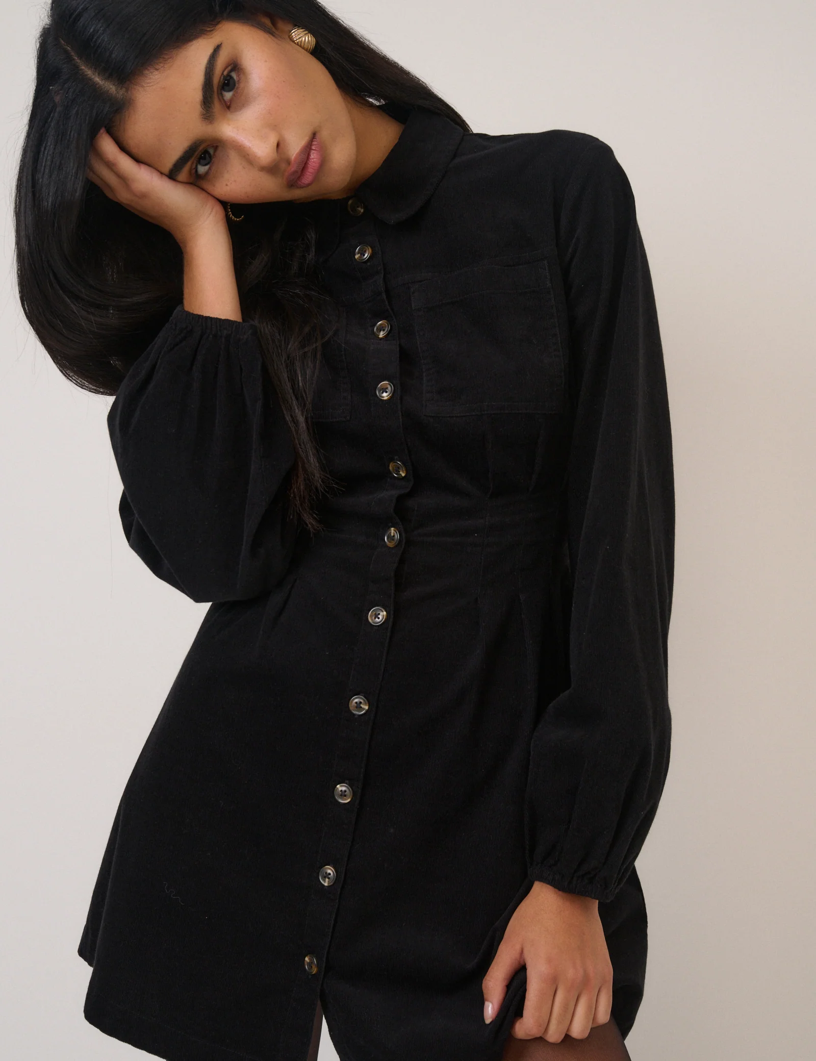 Black Cord Long Sleeve Montego Mini Dress - Image 2