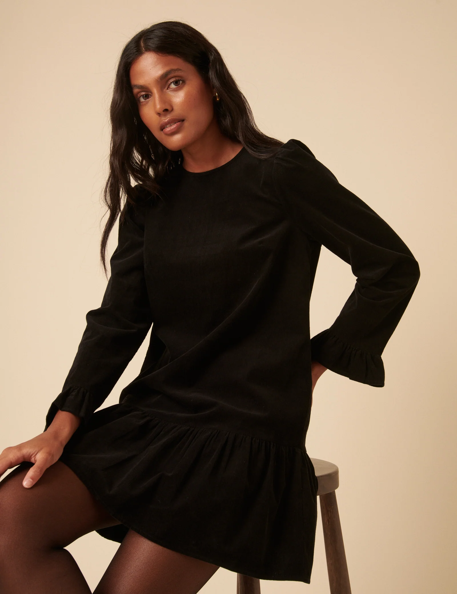 Black Cord Long Sleeve Tiana Mini Dress - Image 3
