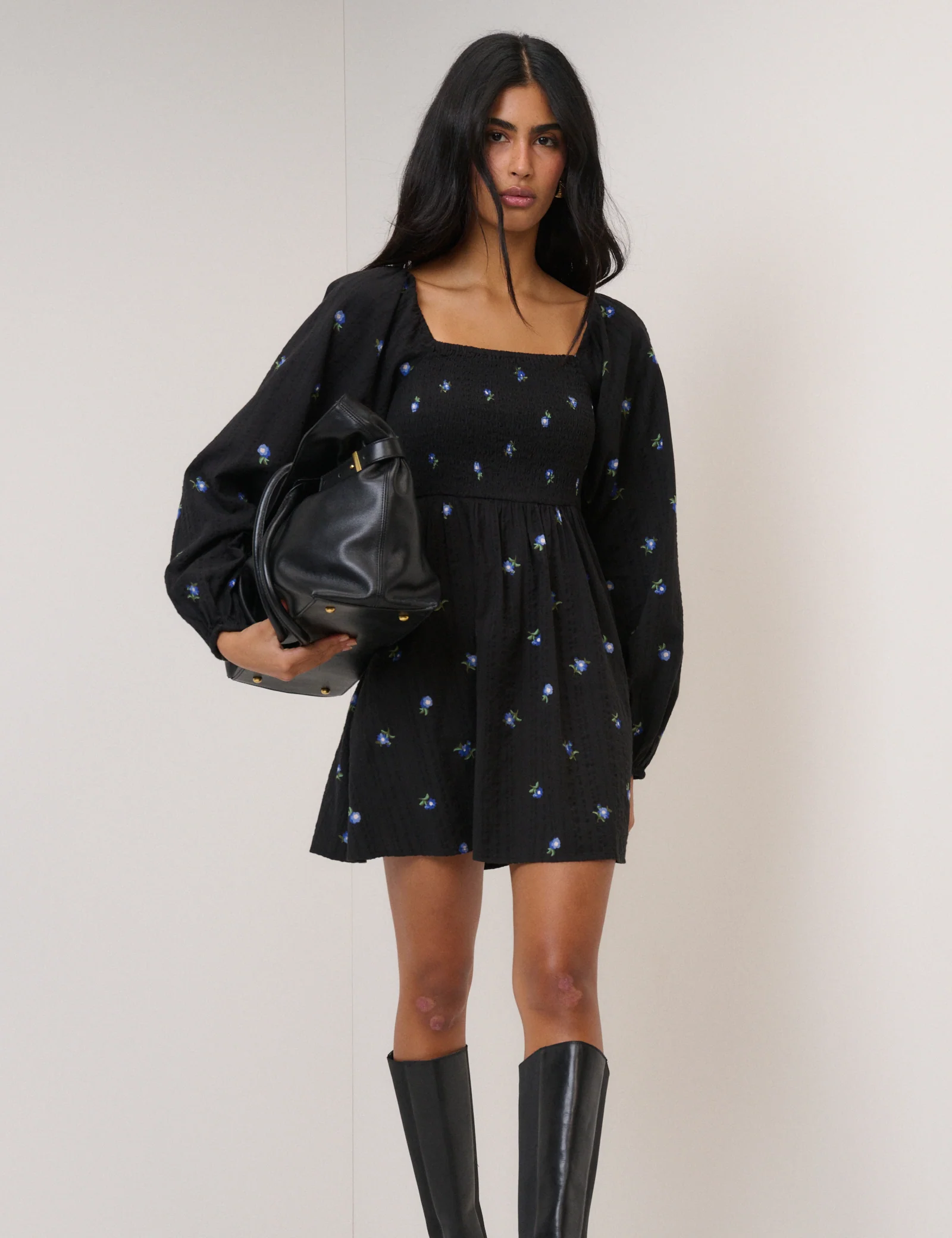 Black Ditsy Floral Long Sleeve Bella Mini Dress - Image 3