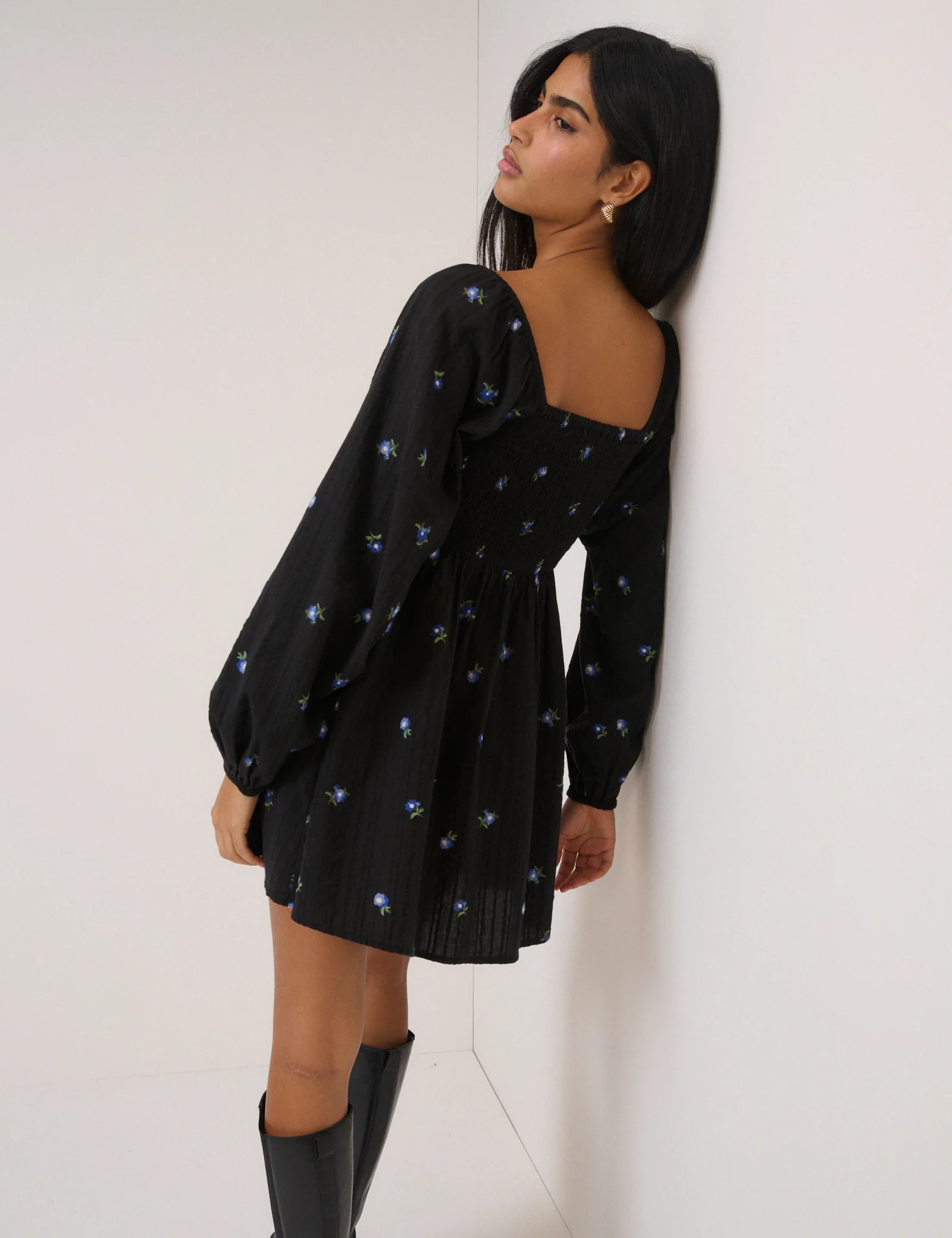 Black Ditsy Floral Long Sleeve Bella Mini Dress - Image 4