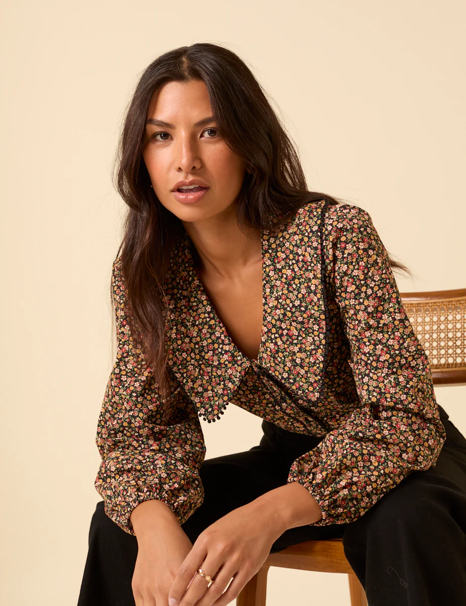 Black Ditsy Floral Peter Pan Collar Blouse - Image 2