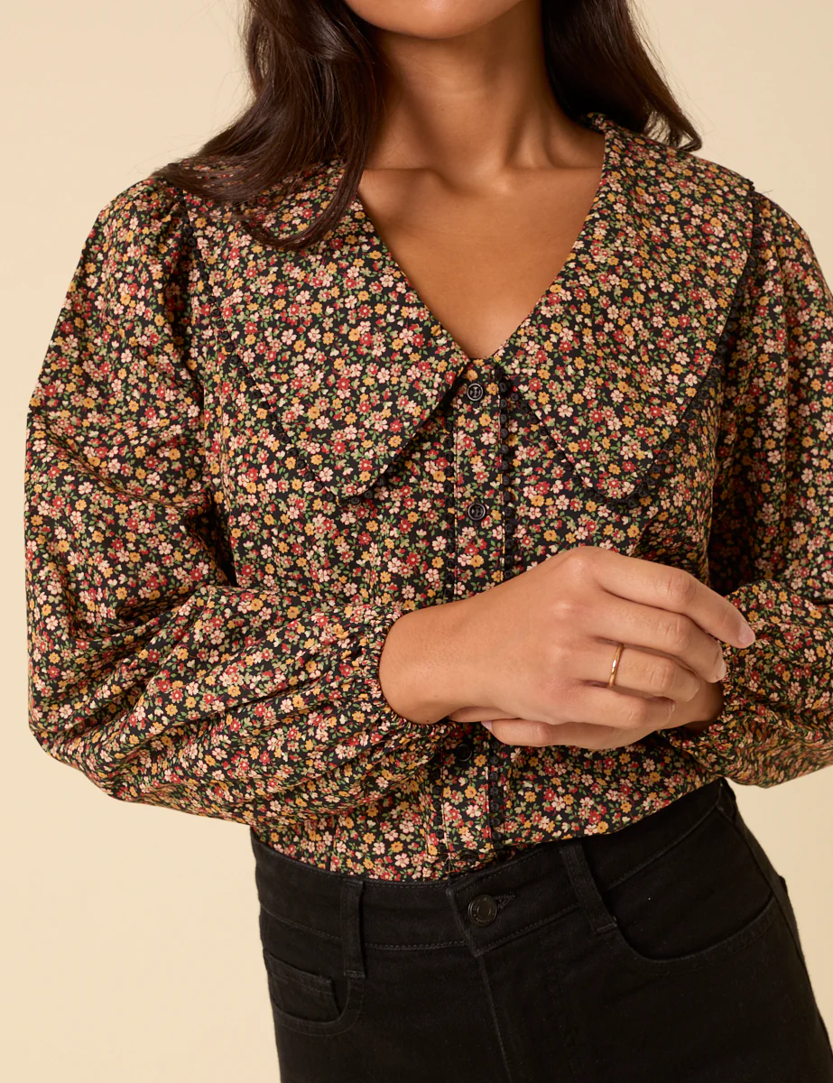 Black Ditsy Floral Peter Pan Collar Blouse - Image 4