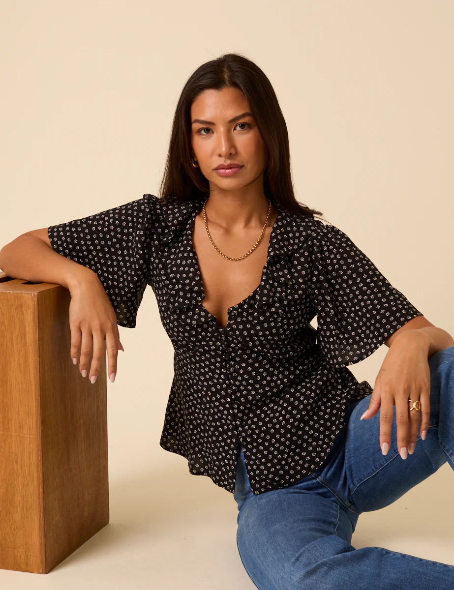 Black Ditsy Floral V-Neck Blouse - Image 2