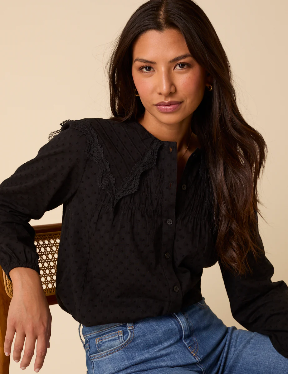 Black Embroidered Peter Pan Collar Blouse - Image 2