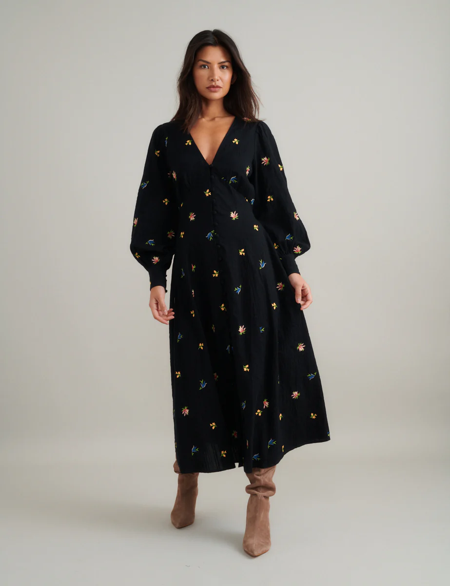 Black Floral Embroidered Balloon Sleeve Shannon Midi Dress - Image 2