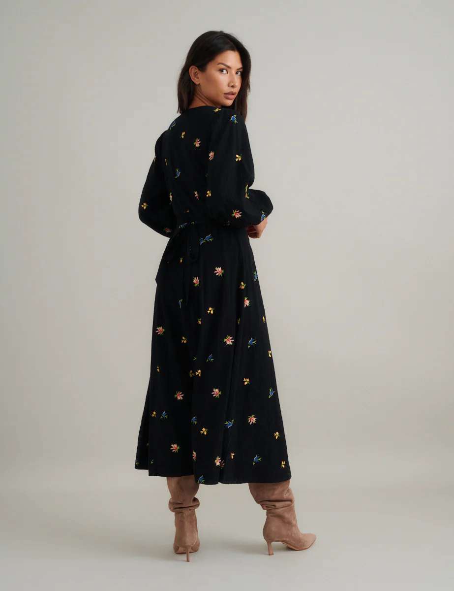 Black Floral Embroidered Balloon Sleeve Shannon Midi Dress - Image 6