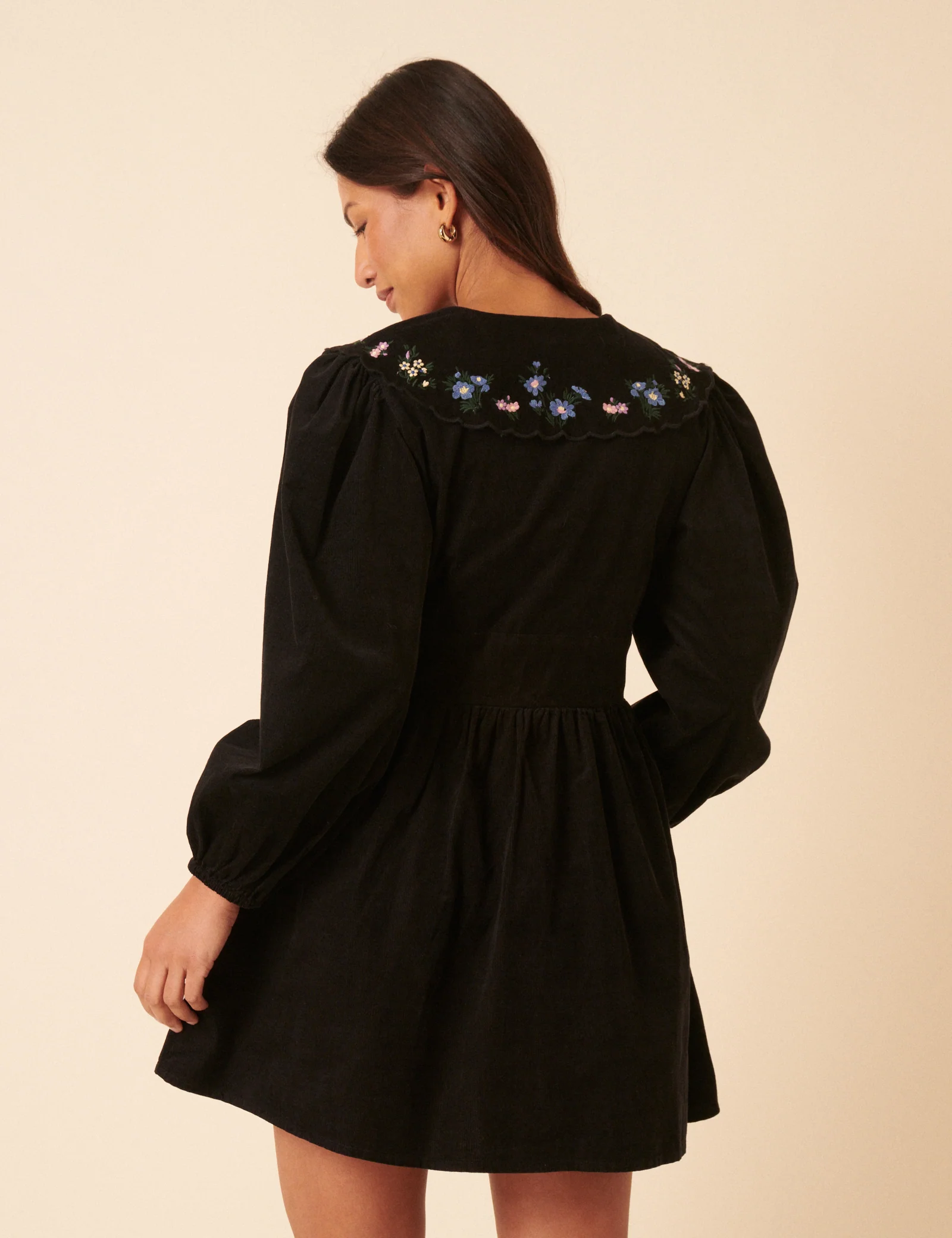 Black Floral Embroidered Cord Birdie Mini Dress - Image 5
