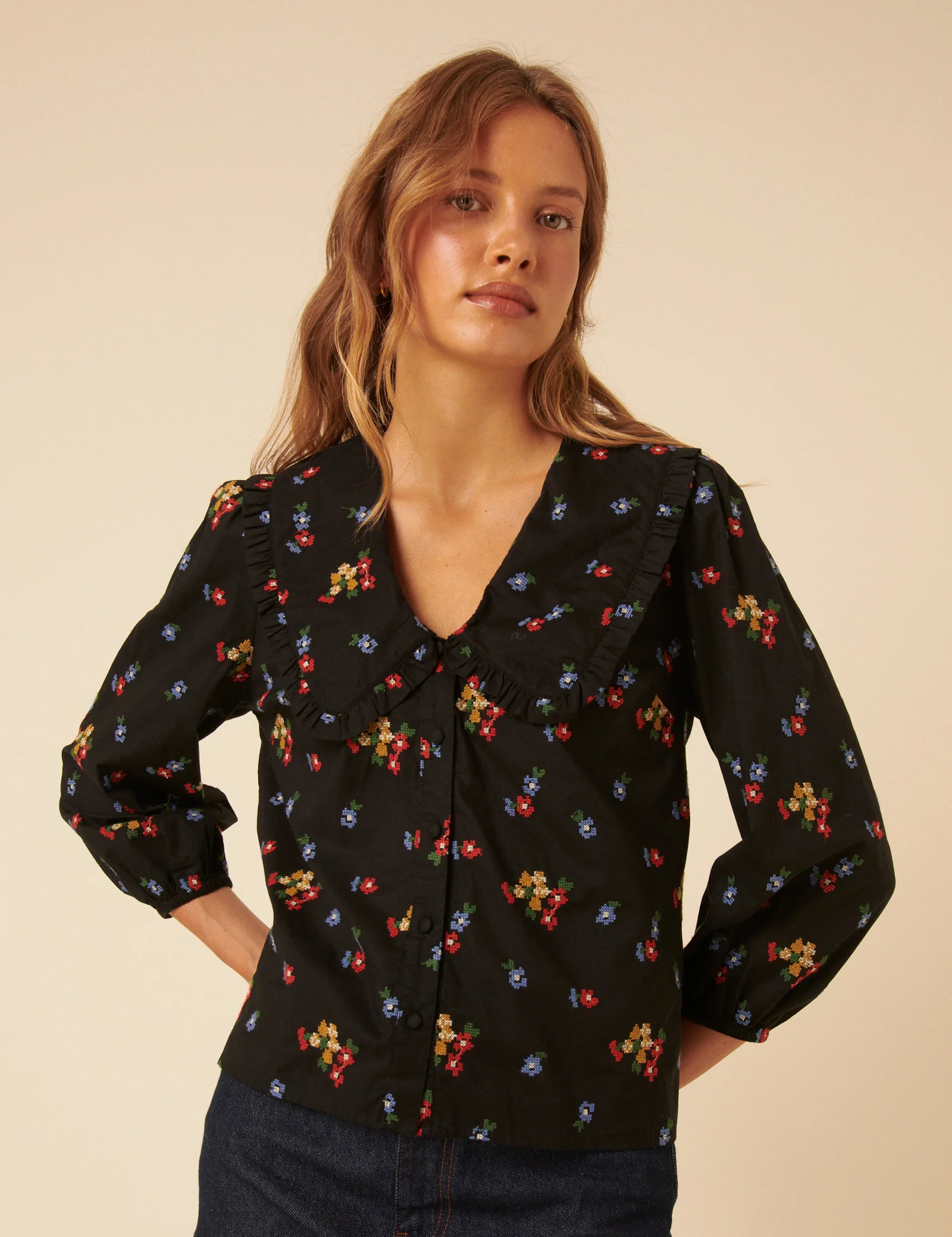 Black Floral Embroidered Long Sleeve Emmie Blouse - Image 2