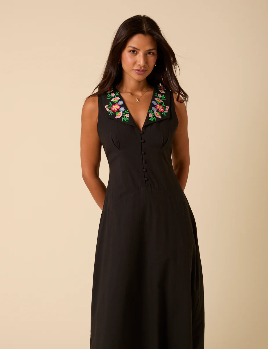 Black Floral Embroidered Melanie Midi Dress - Image 2