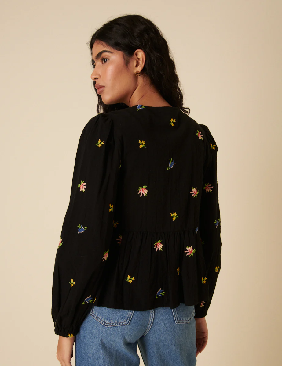 Black Floral Embroidered Tie Front Blouse - Image 4