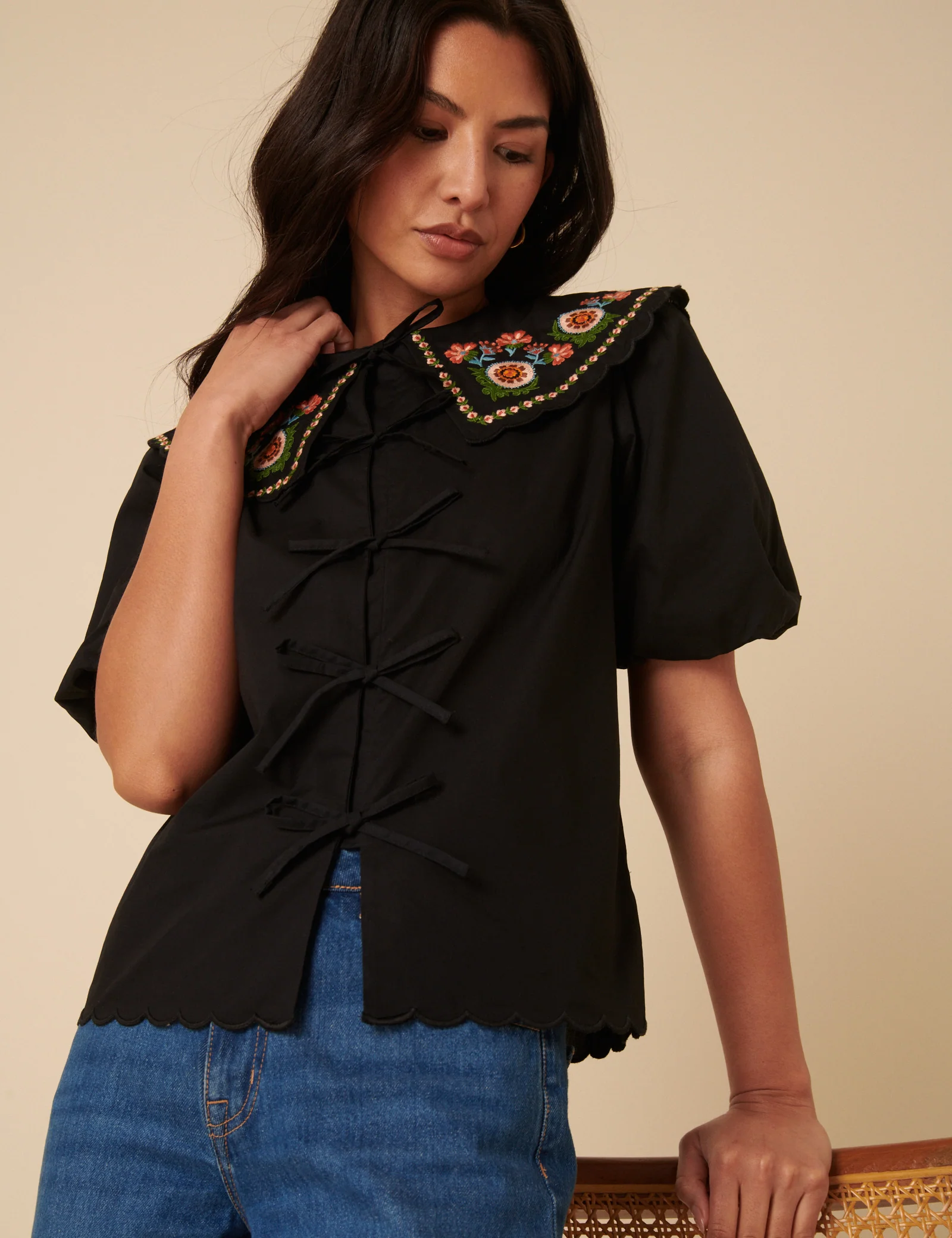 Black Floral Embroidered Tie Front Blouse - Image 4