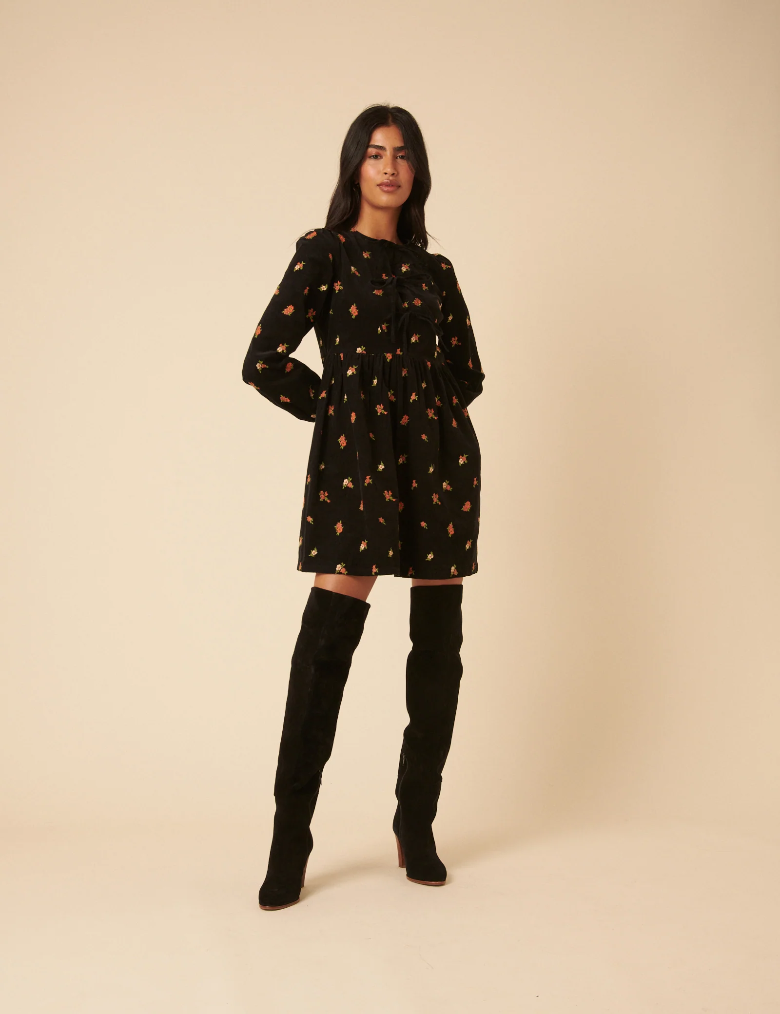 Black Floral Embroidered Tie-front Cord Eden Mini Dress - Image 3